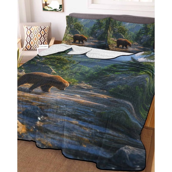 Full Quilt Bedding Set, Bear Forest Mountains River Lightweight Coverlet Summer Comforter Set Soft Microfiber Bedspread, Natural Scenery 3 Piece Quilt Set with 2 Pillow Shams All Seasons Use