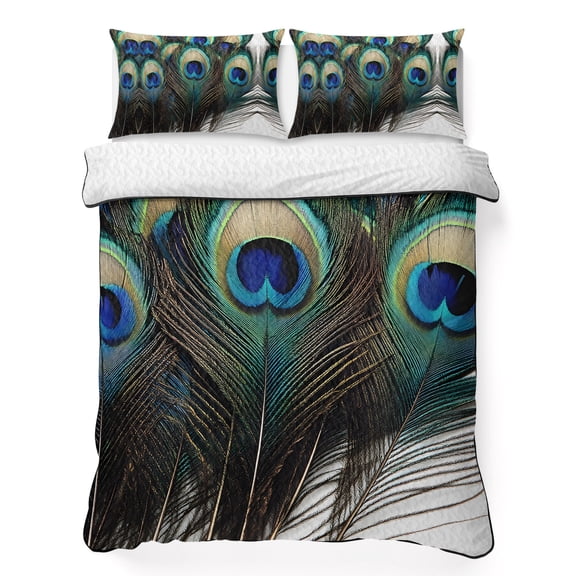 Full Quilt Bedding Set, Beautiful Peacock Feathers Soft Microfiber Summer Bedspread Coverlet with 2 Pillow Shams for All Season, Blue Colorful Art Breathable Bedding Set for Hot Sleepers