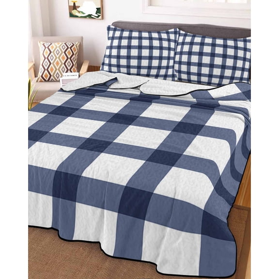 Full Quilt Bedding Set, Blue Gingham Check Farm Style Lightweight Coverlet Summer Comforter Set Soft Microfiber Bedspread, White Check Plaid 3 Piece Quilt Set with 2 Pillow Shams All Seasons Use