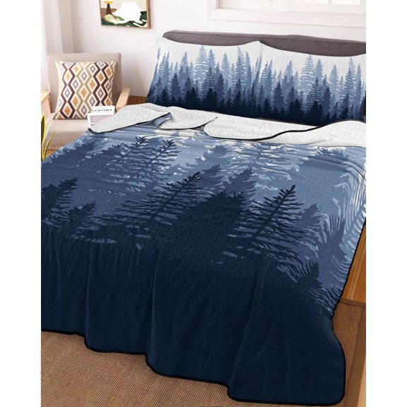 Full Quilt Bedding Set, Blue Gradient Forest Lightweight Coverlet Summer Comforter Set Soft Microfiber Bedspread, Pine Tree Shadow on White 3 Piece Quilt Set with 2 Pillow Shams All Seasons Use