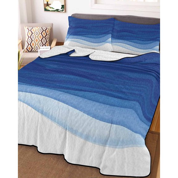 Full Quilt Bedding Set, Blue Gradient Ripple Shadow Lightweight Coverlet Summer Comforter Set Soft Microfiber Bedspread, Ombre Abstract Geometric 3 Piece Quilt Set with 2 Pillow Shams All Seasons Use
