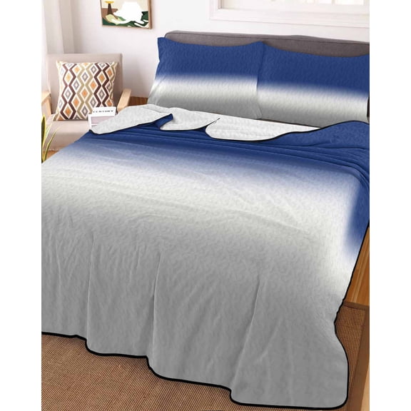 Full Quilt Bedding Set, Blue Gray White Color Gradient Lightweight Coverlet Summer Comforter Set Soft Microfiber Bedspread, Minimalist Ombre Art 3 Piece Quilt Set with 2 Pillow Shams All Seasons Use