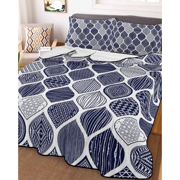 Full Quilt Bedding Set, Blue Moroccan Geometric Pattern Lightweight Coverlet Summer Comforter Set Soft Microfiber Bedspread, Traditional Ethnic Style 3 Piece Quilt Set with 2 Pillow Shams