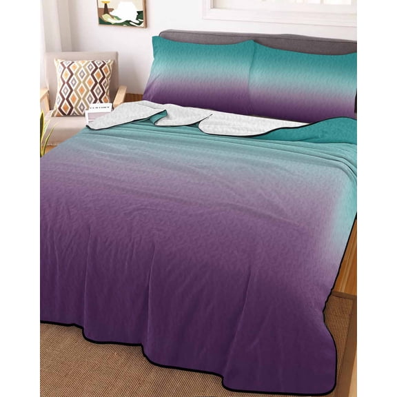Full Quilt Bedding Set, Blue Purple Turquoise Gradient Lightweight Coverlet Summer Comforter Set Soft Microfiber Bedspread, Ombre Art 3 Piece Quilt Set with 2 Pillow Shams All Seasons Use