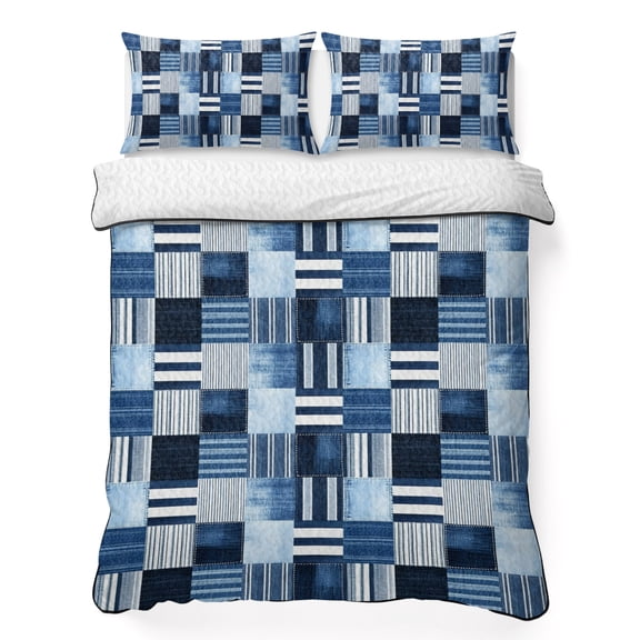 Full Quilt Bedding Set, Blue Stripe Plaid Gingham Check Soft Microfiber Summer Bedspread Coverlet with 2 Pillow Shams for All Season, Abstract Geometric Breathable Bedding Set for Hot Sleepers