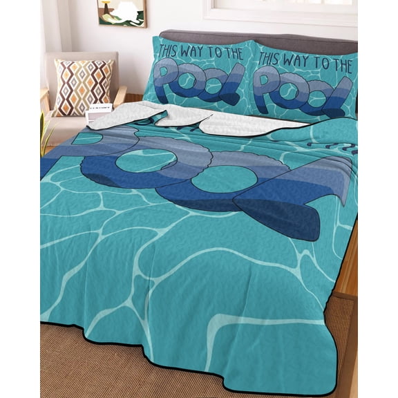 Full Quilt Bedding Set, Blue Water Ripples Lightweight Coverlet Summer Comforter Set Soft Microfiber Bedspread, Gradient This Way to The Pool 3 Piece Quilt Set with 2 Pillow Shams All Seasons Use