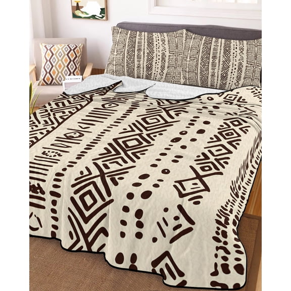 Full Quilt Bedding Set, Bohemian Vintage Tribe Texture Lightweight Coverlet Summer Comforter Set Soft Microfiber Bedspread, Earth Tones Stripes 3 Piece Quilt Set with 2 Pillow Shams All Seasons Use