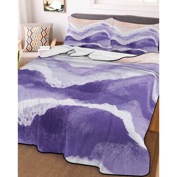 Full Quilt Bedding Set, Boho Purple Ombre Sea Wave Lightweight Coverlet Summer Comforter Set Soft Microfiber Bedspread, Ocean Beach Coastal Scene 3 Piece Quilt Set with 2 Pillow Shams All Seasons Use