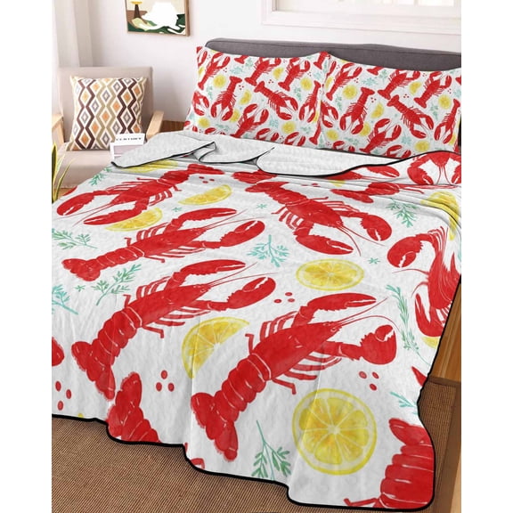 Full Quilt Bedding Set, Bright Red Lobster Lightweight Coverlet Summer Comforter Set Soft Microfiber Bedspread, Fruit Yellow Lemon Slices 3 Piece Quilt Set with 2 Pillow Shams All Seasons Use