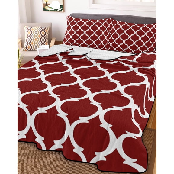 Full Quilt Bedding Set, Burgundy Red Moroccan Stripe Lightweight Coverlet Summer Comforter Set Soft Microfiber Bedspread, Abstract Geometric Buffalo Plaid 3 Piece Quilt Set with 2 Pillow Shams