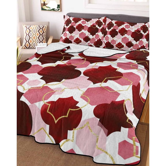 Full Quilt Bedding Set, Burgundy Red Moroccan Texture Lightweight Coverlet Summer Comforter Set Soft Microfiber Bedspread, Retro Geometric Pattern 3 Piece Quilt Set with 2 Pillow Shams