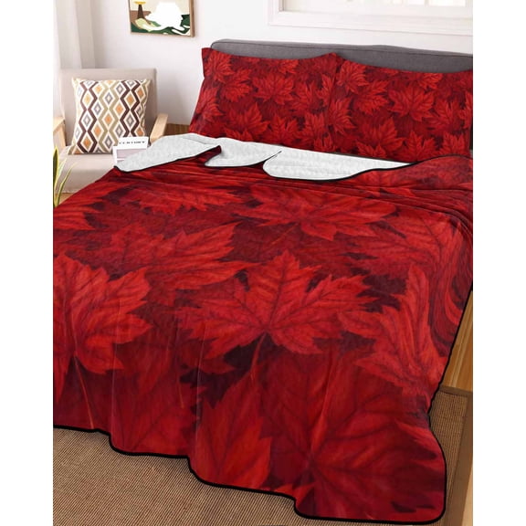 Full Quilt Bedding Set Canada Day Red Maple Leaves Summer Quilt Lightweight Quilted Coverlet with 2 Pillow Shams, Watercolor Leaf Seamless 3-Piece Bedspread Quilt Set for All Season