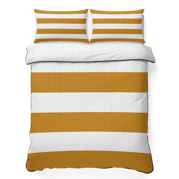 Full Quilt Bedding Set, Caramel Brown and White Striped Soft Microfiber Summer Bedspread Coverlet with 2 Pillow Shams for All Season, Horizontal Wide Stripe Breathable Bedding Set for Hot Sleepers