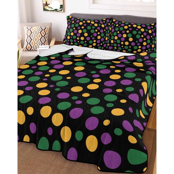 Full Quilt Bedding Set, Carnival Colorful Polka Dots Lightweight Coverlet Summer Comforter Set Soft Microfiber Bedspread, Green Purple Yellow Dot on Black 3 Piece Quilt Set with 2 Pillow Shams