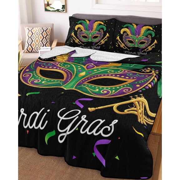 Full Quilt Bedding Set, Carnival Mask Feather Trumpet Lightweight Coverlet Summer Comforter Set Soft Microfiber Bedspread, Celebration Ribbon on Black 3 Piece Quilt Set with 2 Pillow Shams
