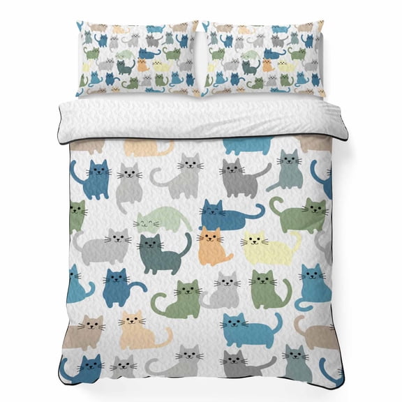 Full Quilt Bedding Set, Cartoon Cat Seamless Soft Microfiber Summer Bedspread Coverlet with 2 Pillow Shams for All Season, Funny Animal on White Breathable Bedding Set for Hot Sleepers