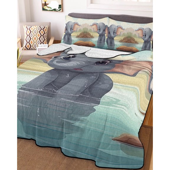 Full Quilt Bedding Set Cartoon Elephant in River Summer Quilt Lightweight Quilted Coverlet with 2 Pillow Shams, Natural Animal Plant Scenic Theme 3-Piece Bedspread Quilt Set for All Season
