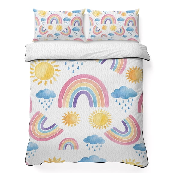 Full Quilt Bedding Set Cartoon Rainbow Cloud Sun Breathable Summer Cooling Blanket for Hot Sleepers, Modern Abstract Style Lightweight Soft Bedding Set with 2 Pillow Shams for All Season