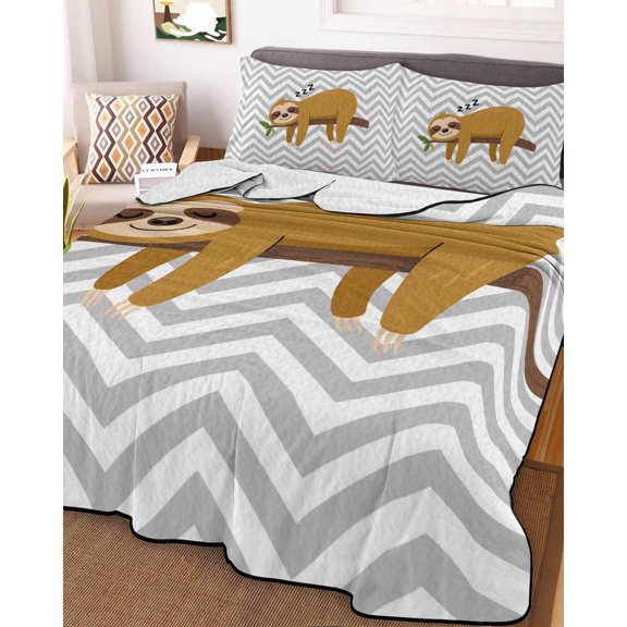 Full Quilt Bedding Set, Cartoon Sloth Tree Branch Lightweight Coverlet Summer Comforter Set Soft Microfiber Bedspread, Gray Chevron Stripe Animal 3 Piece Quilt Set with 2 Pillow Shams All Seasons Use