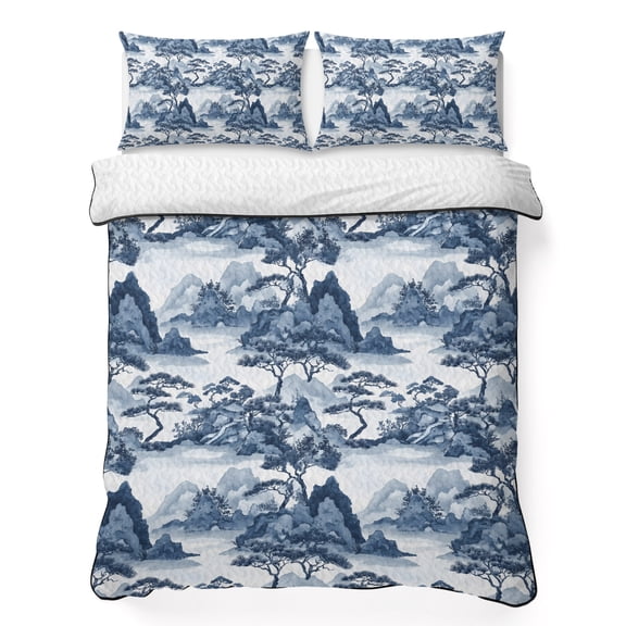 Full Quilt Bedding Set, Chinese Style Plant Garden Landscape Soft Microfiber Summer Bedspread Coverlet with 2 Pillow Shams, Chinoiserie Retro Style Breathable Bedding Set for Hot Sleepers