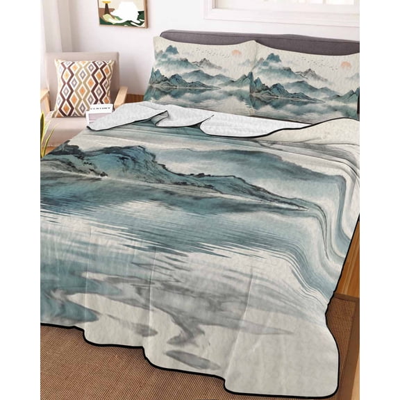 Full Quilt Bedding Set, Chinese Zen Landscape Ombre Lightweight Coverlet Summer Comforter Set Soft Microfiber Bedspread, Abstract Mountain Lake 3 Piece Quilt Set with 2 Pillow Shams All Seasons Use