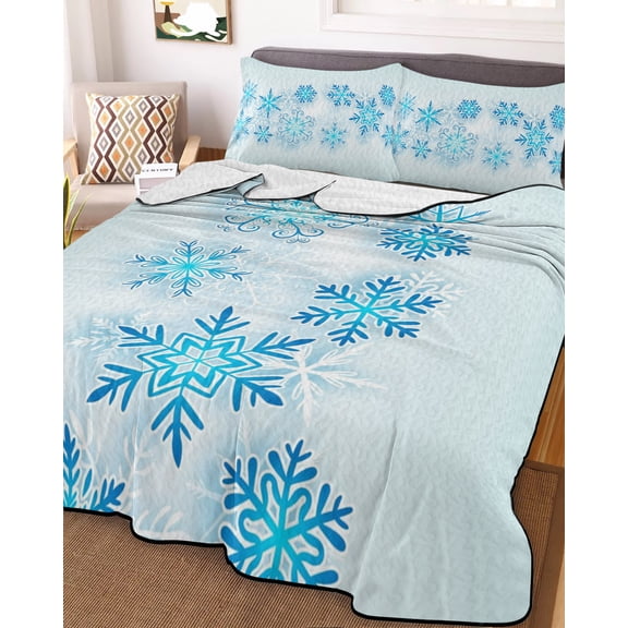 Full Quilt Bedding Set, Christmas Abstract Blue Snowflakes Lightweight Coverlet Summer Comforter Set Soft Microfiber Bedspread, Winter Snow Scene 3 Piece Quilt Set with 2 Pillow Shams All Seasons Use