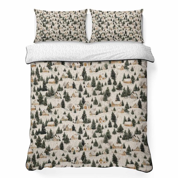 Full Quilt Bedding Set Christmas Farmhouse Pine Trees Forest on Retro Beige Breathable Summer Cooling Blanket for Hot Sleepers, Countryside Lightweight Soft Bedding Set with 2 Pillow Shams