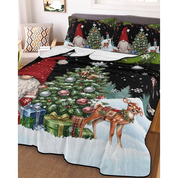 Full Quilt Bedding Set, Christmas Tree Gnome Elk Lightweight Coverlet Summer Comforter Set Soft Microfiber Bedspread, Winter Snowflake Pine Branches 3 Piece Quilt Set with 2 Pillow Shams