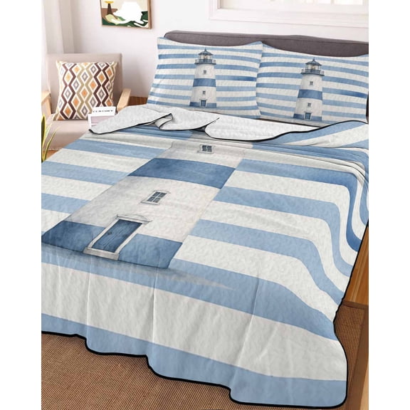 Full Quilt Bedding Set, Coastal Nautical Lighthouse Lightweight Coverlet Summer Comforter Set Soft Microfiber Bedspread, Summer Ocean Blue Line 3 Piece Quilt Set with 2 Pillow Shams All Seasons Use