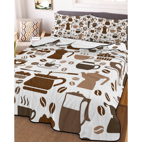 Full Quilt Bedding Set, Coffee Maker Beans Cups Cake Lightweight Coverlet Summer Comforter Set Soft Microfiber Bedspread, Coffee Time 3 Piece Quilt Set with 2 Pillow Shams All Seasons Use