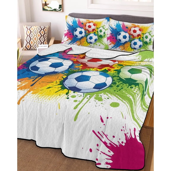 Full Quilt Bedding Set Colorful Soccer Balls Summer Quilt Lightweight Quilted Coverlet with 2 Pillow Shams, Rainbow Paint Splatter Footballs 3-Piece Bedspread Quilt Set for All Season