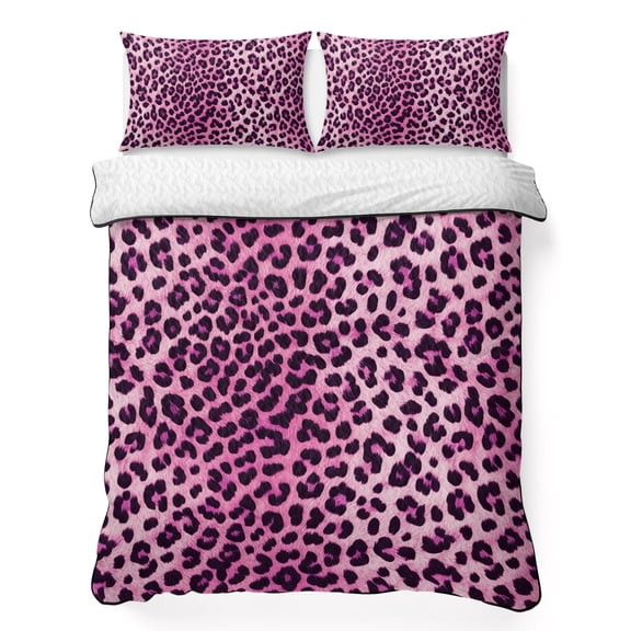Full Quilt Bedding Set, Country Leopard Texture Soft Microfiber Summer Bedspread Coverlet with 2 Pillow Shams, Farmhouse Pink Animal Print Printed Breathable Bedding Set for Hot Sleepers