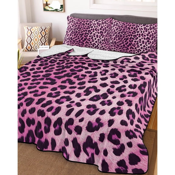 Full Quilt Bedding Set Country Leopard Texture Summer Quilt Lightweight Quilted Coverlet with 2 Pillow Shams, Farmhouse Pink Animal Print Printed 3-Piece Bedspread Quilt Set for All Season