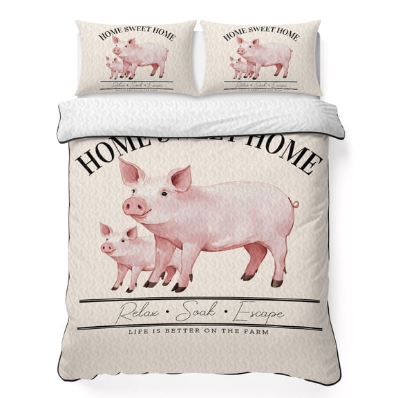 Full Quilt Bedding Set, Country Pink Pig Farmhouse Theme Soft Microfiber Summer Bedspread Coverlet with 2 Pillow Shams, Sweet Home Farm Text Animals Breathable Bedding Set for Hot Sleepers