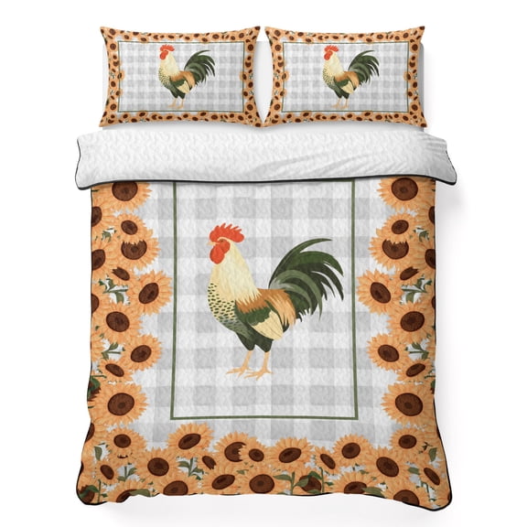 Full Quilt Bedding Set, Country Rooster Sunflower Soft Microfiber Summer Bedspread Coverlet with 2 Pillow Shams, Farmhouse Animal Plant Buffalo Plaid Breathable Bedding Set for Hot Sleepers