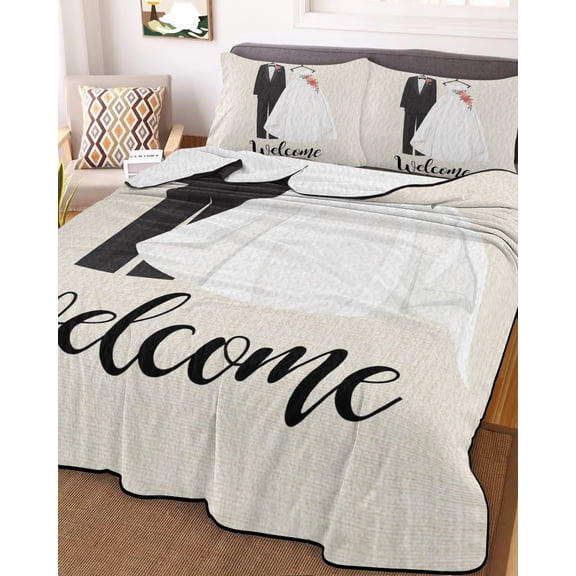 Full Quilt Bedding Set, Couple Wedding Dress Lightweight Coverlet Summer Comforter Set Soft Microfiber Bedspread, Modern Simple Romantic Art 3 Piece Quilt Set with 2 Pillow Shams All Seasons Use