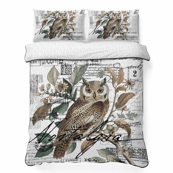 Full Quilt Bedding Set Cute Owl Bird on Branch Breathable Summer Cooling Blanket for Hot Sleepers, Wild Animal Retro Letter Back Lightweight Soft Bedding Set with 2 Pillow Shams for All Season
