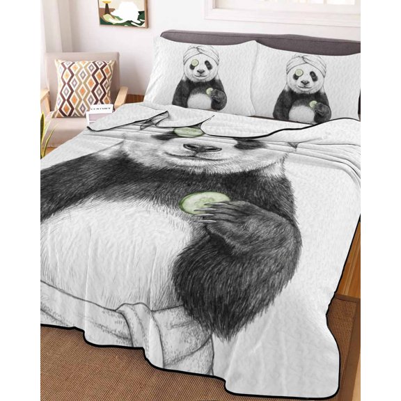 Full Quilt Bedding Set, Cute Panda Bath Wrap SPA Lightweight Coverlet Summer Comforter Set Soft Microfiber Bedspread, Funny Animal Art 3 Piece Quilt Set with 2 Pillow Shams All Seasons Use