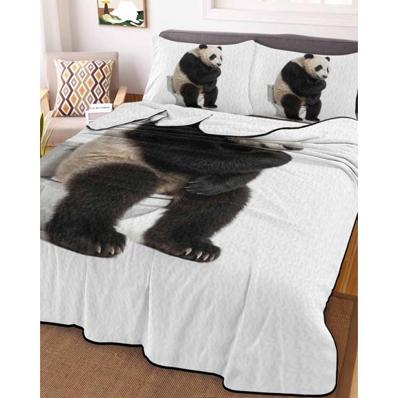 Full Quilt Bedding Set, Cute Panda on Toilets Lightweight Coverlet Summer Comforter Set Soft Microfiber Bedspread, Funny Animal Abstract Style 3 Piece Quilt Set with 2 Pillow Shams All Seasons Use