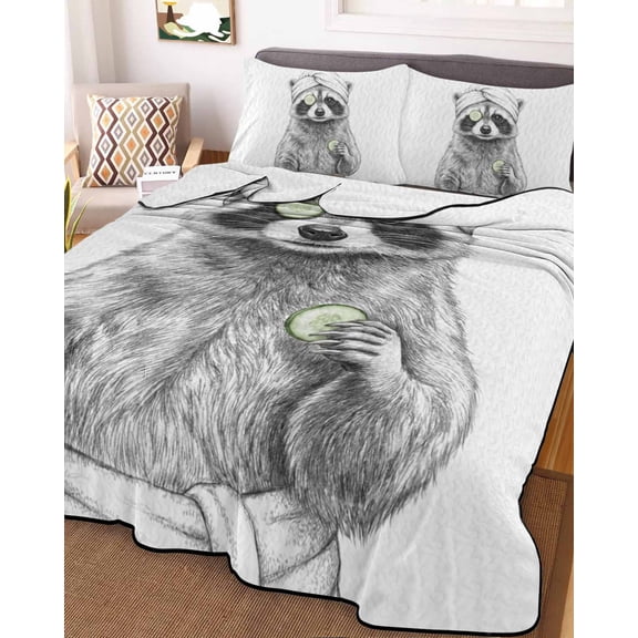 Full Quilt Bedding Set, Cute Raccoon Abstract Art Lightweight Coverlet Summer Comforter Set Soft Microfiber Bedspread, Funny Animal Spa Bath Towel 3 Piece Quilt Set with 2 Pillow Shams