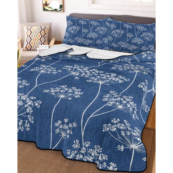 Full Quilt Bedding Set, Dandelion Flower Navy Blue Lightweight Coverlet Summer Comforter Set Soft Microfiber Bedspread, Farm Floral Seamless 3 Piece Quilt Set with 2 Pillow Shams All Seasons Use