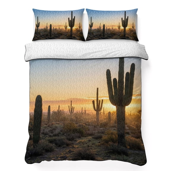 Full Quilt Bedding Set, Desert Cactus Sunset Soft Microfiber Summer Bedspread Coverlet with 2 Pillow Shams for All Season, Tropical Plant Natural Scenery Breathable Bedding Set for Hot Sleepers