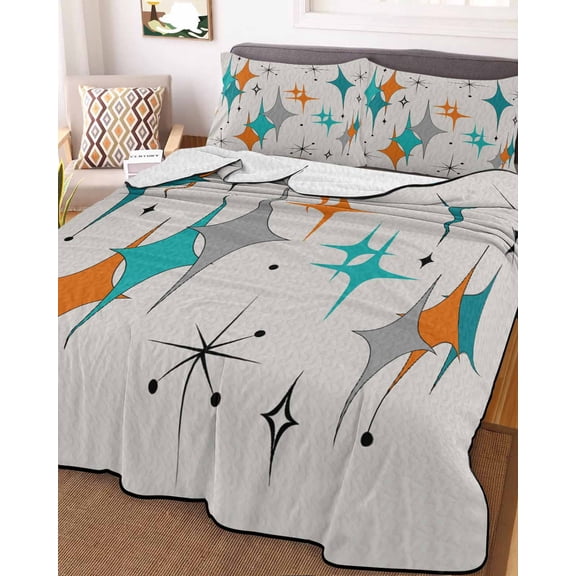 Full Quilt Bedding Set, Diamond Block Abstract Geometric Lightweight Coverlet Summer Comforter Set Soft Microfiber Bedspread, Retro Gray Bohemia Mediterranean 3 Piece Quilt Set with 2 Pillow Shams