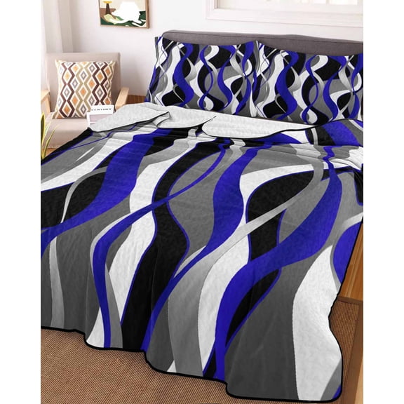 Full Quilt Bedding Set Distortion Dark Blue Stripes Summer Quilt Lightweight Quilted Coverlet with 2 Pillow Shams, Abstract Geometric Art 3-Piece Bedspread Quilt Set for All Season
