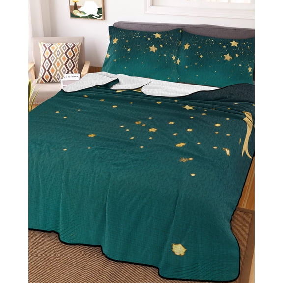 Full Quilt Bedding Set Dream Yellow Star on Teal Blue Summer Quilt Lightweight Quilted Coverlet with 2 Pillow Shams, Night Starry Sky 3-Piece Bedspread Quilt Set for All Season
