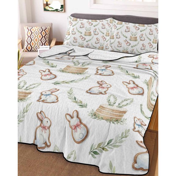 Full Quilt Bedding Set, Easter Rabbit Eucalyptus Leaf Lightweight Coverlet Summer Comforter Set Soft Microfiber Bedspread, Rustic Farmhouse Bunny Leaves 3 Piece Quilt Set with 2 Pillow Shams