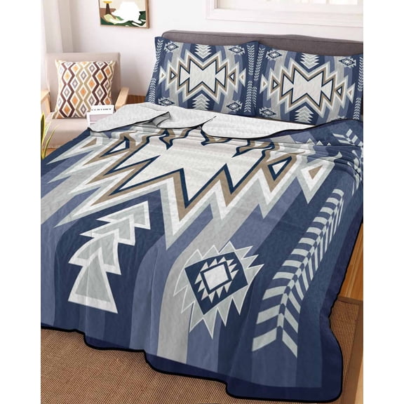Full Quilt Bedding Set, Ethnic Boho Morocco Theme Lightweight Coverlet Summer Comforter Set Soft Microfiber Bedspread, Aztec Blue Geometric Art 3 Piece Quilt Set with 2 Pillow Shams All Seasons Use