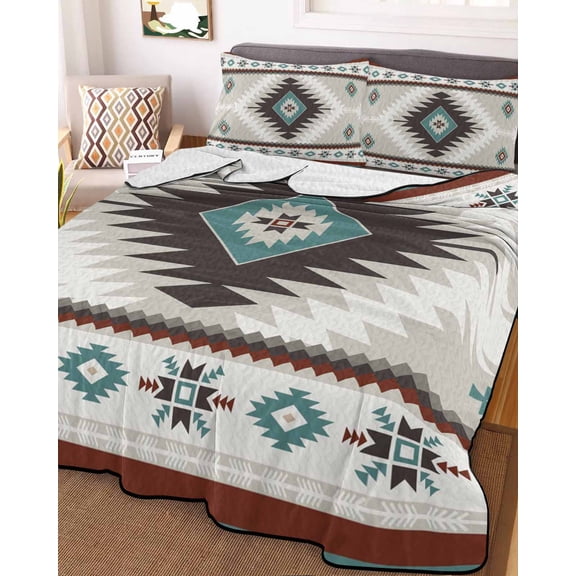 Full Quilt Bedding Set, Ethnic Tribal Geometric Pattern Lightweight Coverlet Summer Comforter Set Soft Microfiber Bedspread, Aztec Boho Native Texture 3 Piece Quilt Set with 2 Pillow Shams