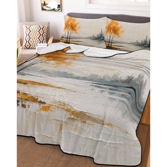 Full Quilt Bedding Set Fall Forest Rustic River Summer Quilt Lightweight Quilted Coverlet with 2 Pillow Shams, Modern Minimalist Art 3-Piece Bedspread Quilt Set for All Season