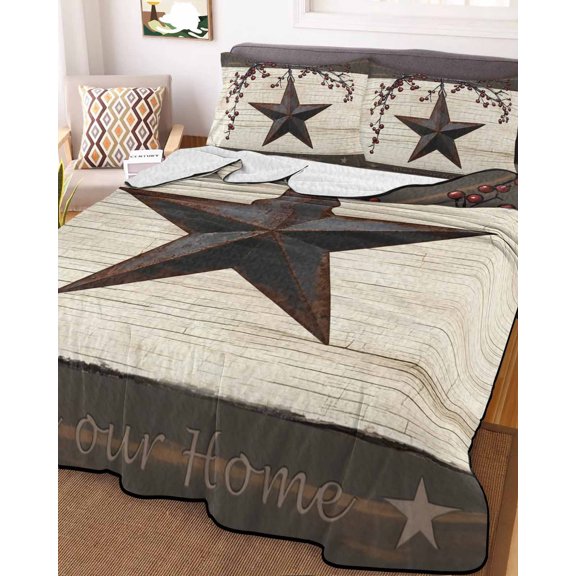 Full Quilt Bedding Set, Farm Country Western Stars Berry Lightweight Coverlet Summer Comforter Set Soft Microfiber Bedspread, Rustic Wood Grain Bless Text 3 Piece Quilt Set with 2 Pillow Shams